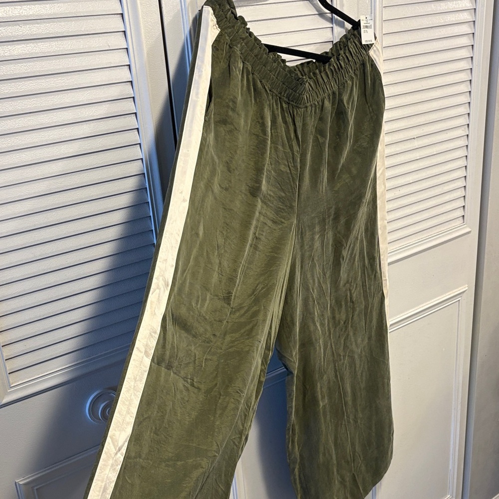 Women’s Olive Green Wide-Leg Silky Track Pants with Cream Side Stripe - Picture 2 of 4
